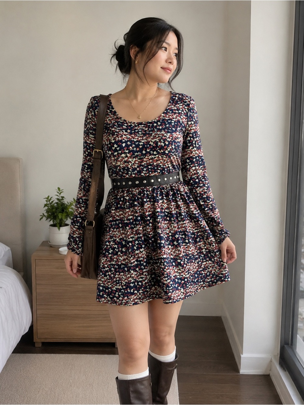 Navy Floral Scoop-Neck Long-Sleeve Mini Dress